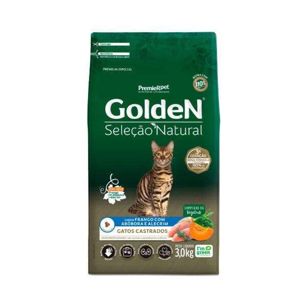 Ração Golden Seleção Natural para Gatos Adultos Castrados Sabor Frango com Abóbora e Alecrim - 3kg