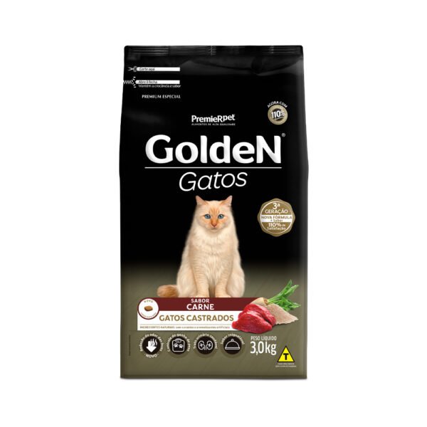 Ração Golden para Gatos Adultos Castrados Sabor Carne - 3kg