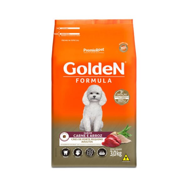Ração Golden Fórmula Mini Bits Para Cães Adultos de Porte Pequeno Sabor Carne e Arroz 3kg
