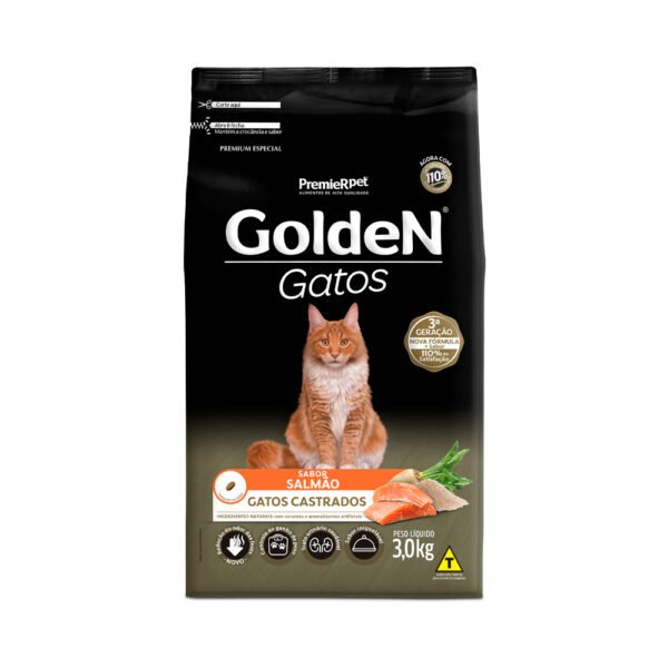 Ração Golden para Gatos Adultos Castrados Sabor Salmão - 3kg